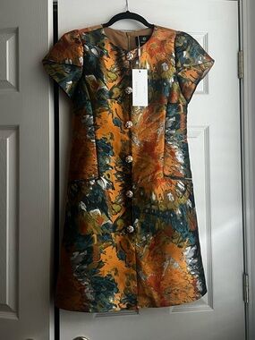 Chandra Eclat Orange Teal Floral Brocade Mini Dress